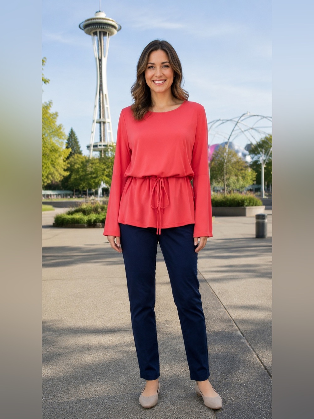 Ann Taylor Factory Coral Top Passport Navy Pants Outfit Set M